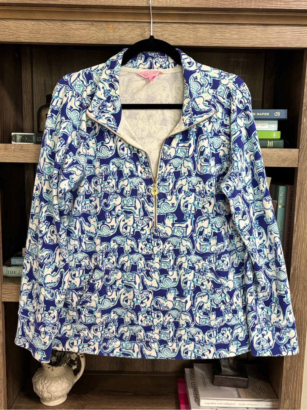 Lilly Pulitzer Elephant Print Half-Zip Skipper Pop Over Jacket, Size M